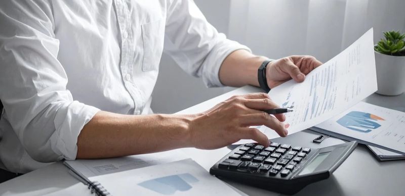 Бухгалтер считает налоги на калькуляторе