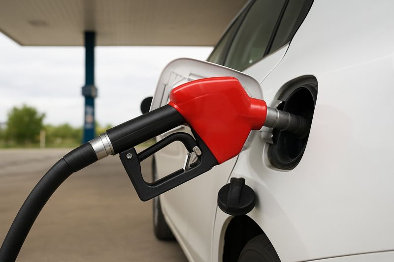Заправочный пистолет вставлен в бензобак машины, цены на бензин, заправка, ГСМ