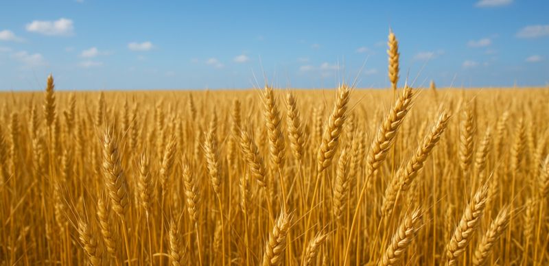 Пшеница в поле на фоне неба; зерно, производство зерна, урожай, поставки зерна