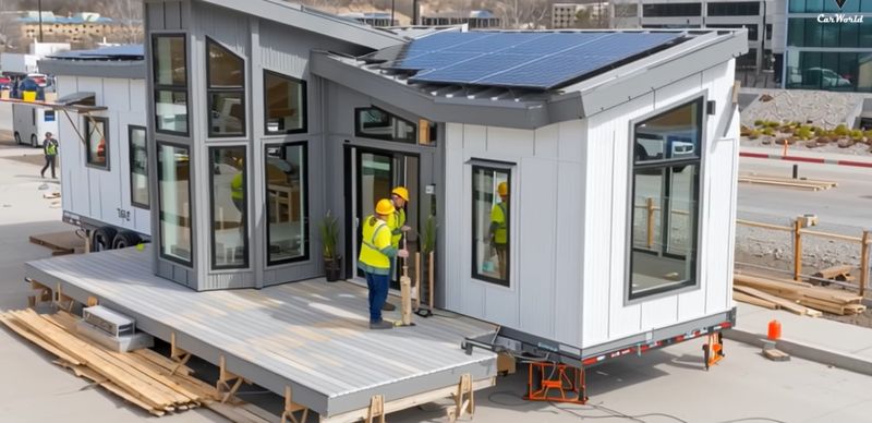 Сборный дом Илона Маска, Tesla Tiny House, рабочие собирают дом