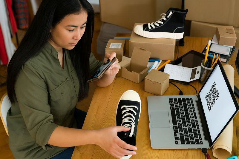 Девушка рассматривает кроссовки - покупку в интернете, онлайн-торговля, e-commerce, маркетплейсы