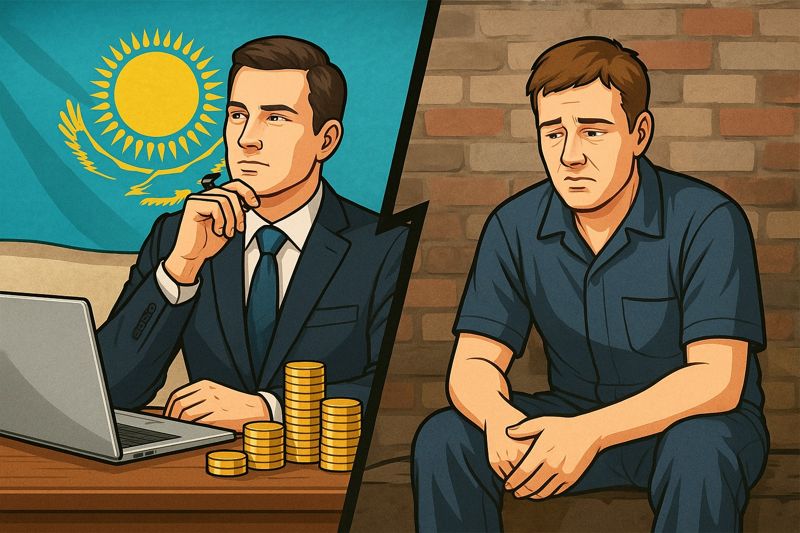 Успешный инвестор на фоне флага и грустный рабочий, картинка 