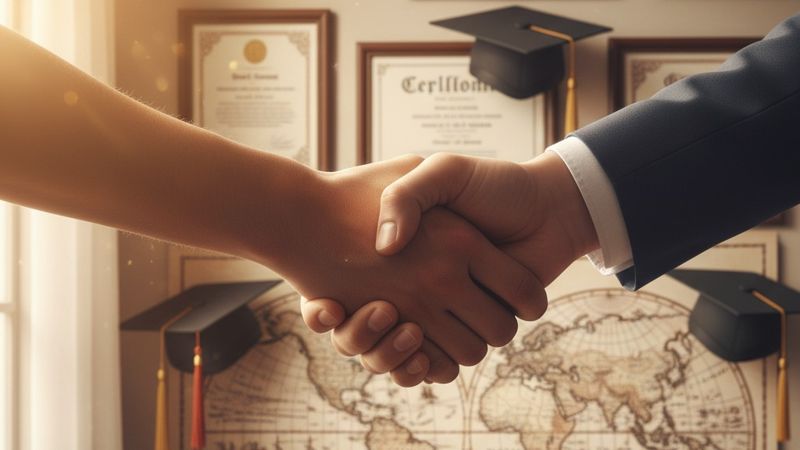 Мужчины жмут друг другу руки на фоне карты мира и дипломов