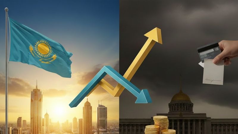 Флаг Казахстана на фоне города, графики, карты в руке, налоги, бюджет