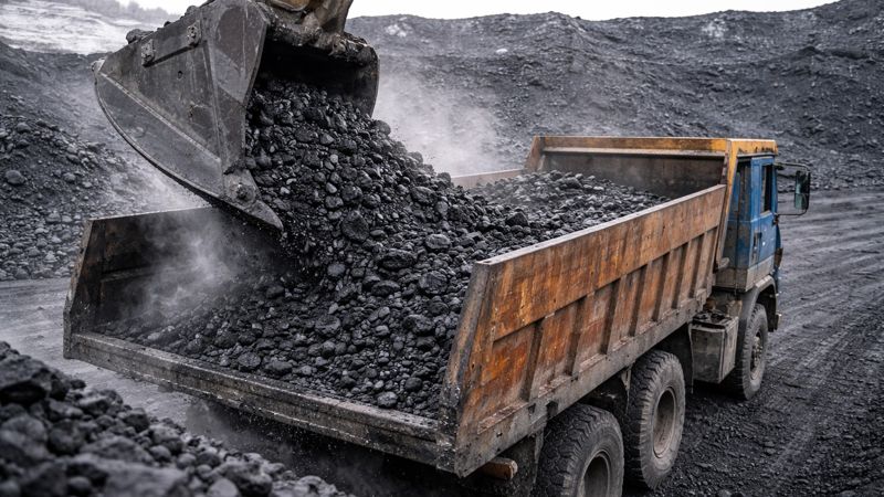 Уголь с карьера загружают для транспортировки в грузовик