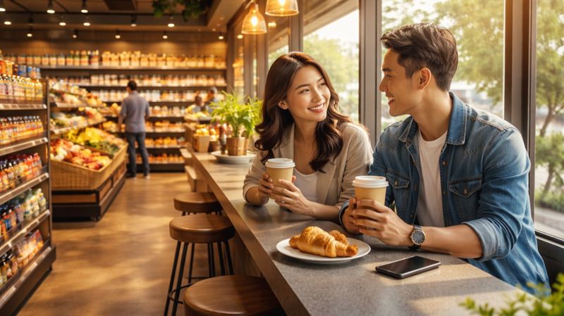 Продуктовый магазин с кофейней, у окна барная стойка с высокими стульями, там сидят женщина и мужчина азиаты около 30 лет со стаканами кофе и круассанами