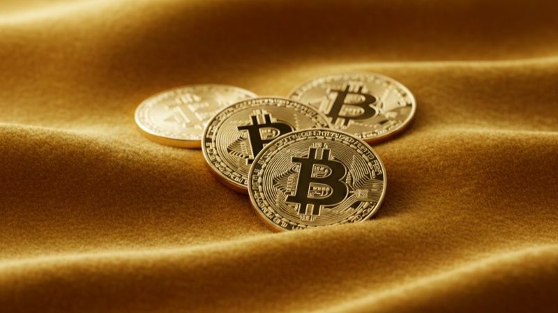 Монеты биткоин лежат на ткани