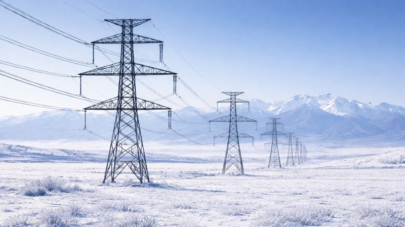 Опоры электропередач в степи зимой, электроэнергия
