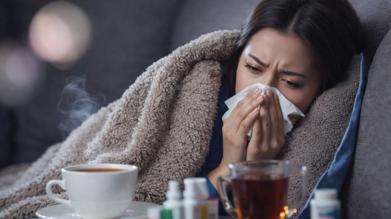 Женщина с простудой, гриппом на диване с таблетками