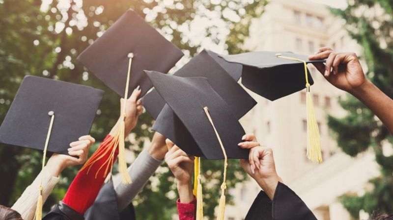 выпускнини бросают в небо шляпы