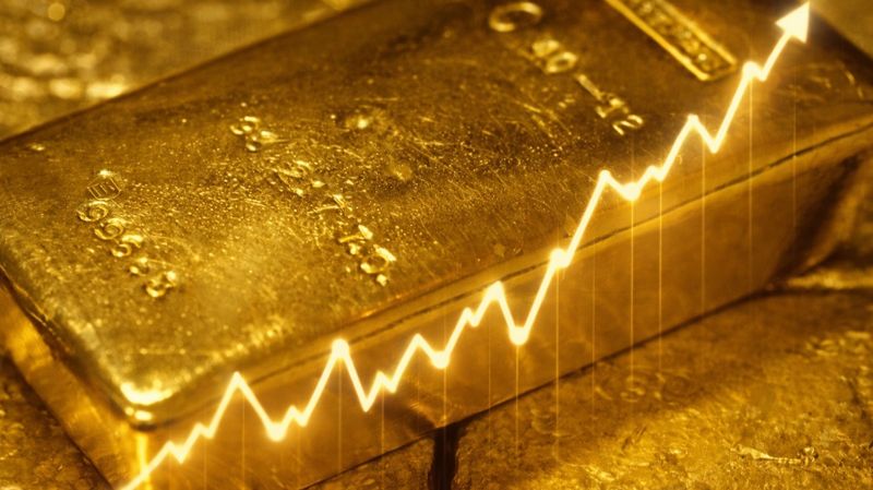 Слиток золота, график роста акций и цен