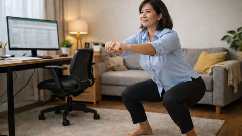 Женщина приседает дома у компьютера, удаленная работа, физическая активность