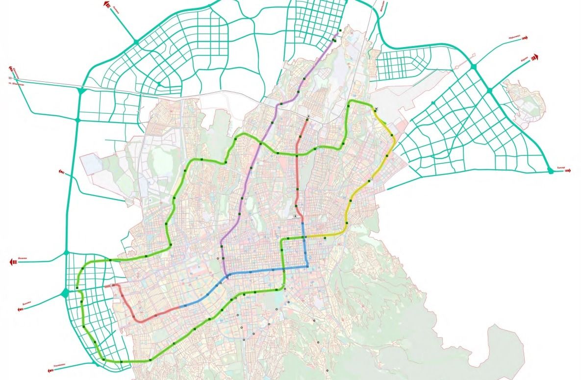 Схема расположений линий метрополитена в генплане Алматы.