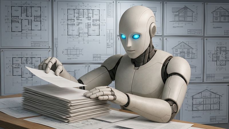 Робот проверяет документы на фоне чертежей