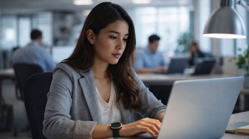 Девушка за ноутбуком на рабочем месте, офис, сотрудники, работа, рынок труда, трудовой договор