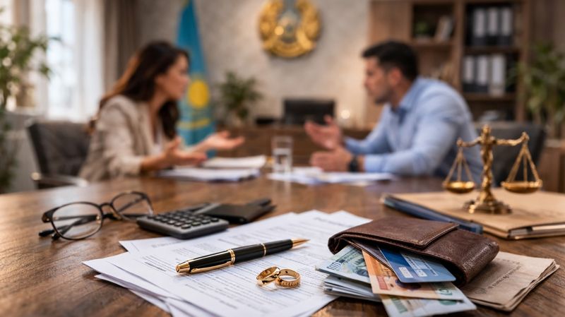 супруги в суде, на переднем плане кольца и деньги, развод, спор об имуществе,