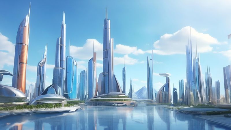 город будущего, здания, река 