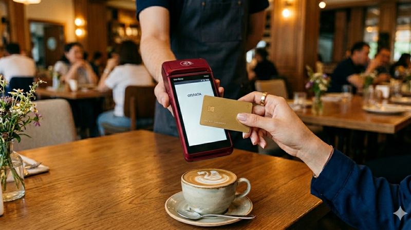 карта, терминал, рука, кофе