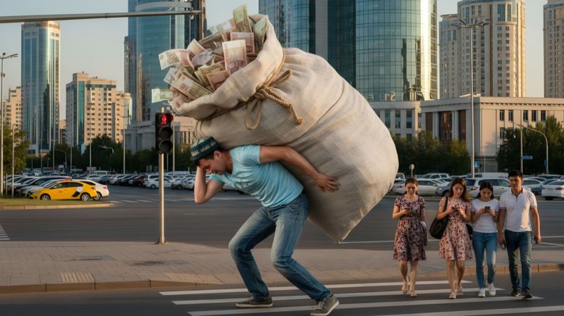 Мужчина тащит на спине огромный мешок с деньгами