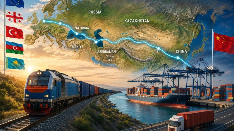 Иллюстрация Middle Corridor: карта Евразии с маршрутом через Казахстан, Каспий и Южный Кавказ
