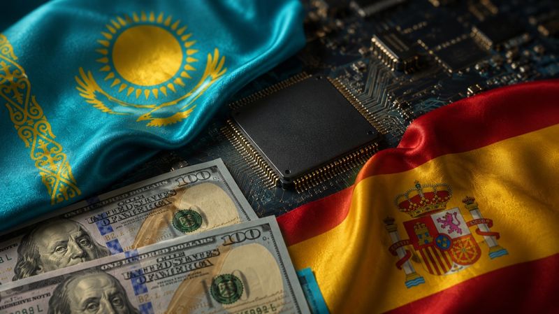 Флаги Казахстана и Испании, доллары, схемы