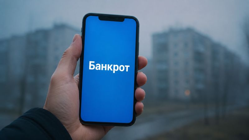 Телефон с надписью банкрот на фоне хрущёвок 