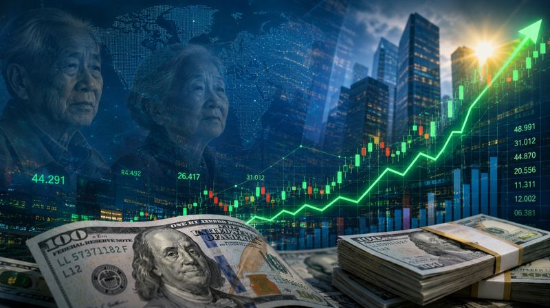 ИИ картинка с долларами, пожилыми людьми и графиками на тему пенсионных накоплений